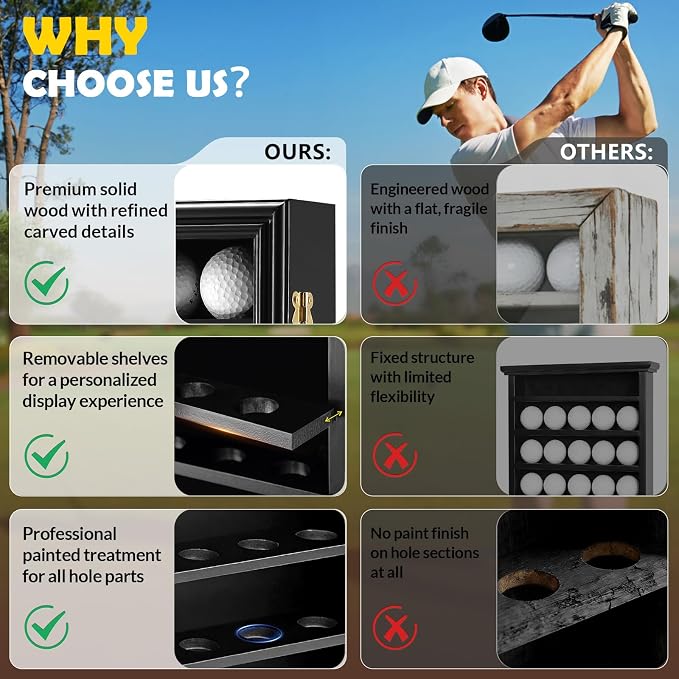 JupDec Golf Ball Display Case Frame for 30 Balls, Dustproof Solid Wood Holder Box with Unobstructed Clear View, Velvet Lined Cabinet with Removable Shelves, Ideal Gift for Golf Fans