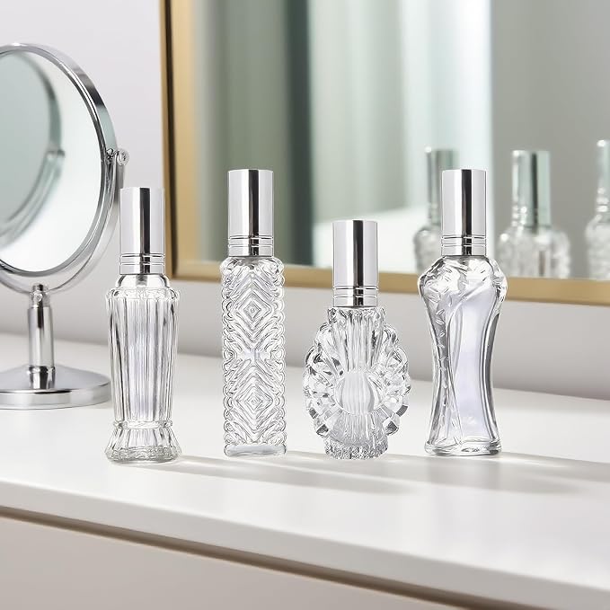 4 Pcs Vintage Glass Refillable Perfume Bottles Empty Spray Set | Vintage Glass Refillable Empty Perfume Bottles with Spray 4 Pack for Wedding Car Home Vanity Travel Decor Gift