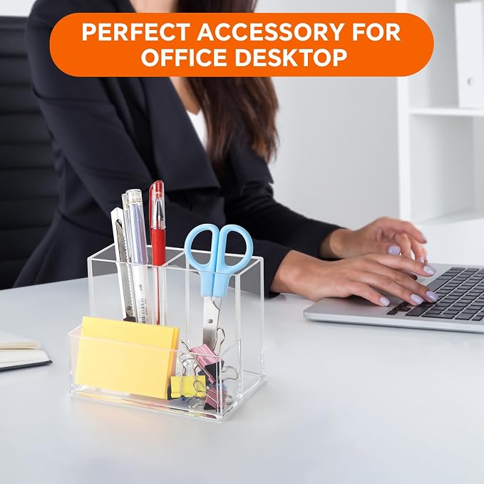 Pen Holder for Desk, Clear Acrylic Pencil Holder for Desk, Marker Holder with 3 Compartments, Pencil Organizer for Home, Office, Classroom, Bathroom | for Desk