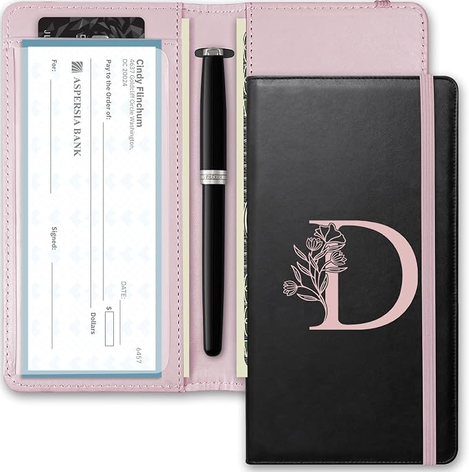Letter Checkbook Cover, RFID Blocking Checkbook, Duplicate Checks with Pen Holder, Cards Slots, Multi-Functional Checkbook Holder for Personal and Business Checks