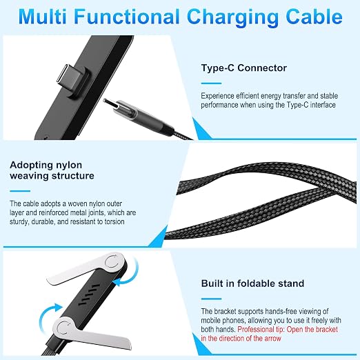 240W Braided Fast Charge Cable, 2026 New Invisible Holder Charger Cable with Stand, 4.92ft Foldable Durable 240W Stand Data Cable USB-C Cord 90 Degree Right Angle USB C Cable, Type C to Type C (1)