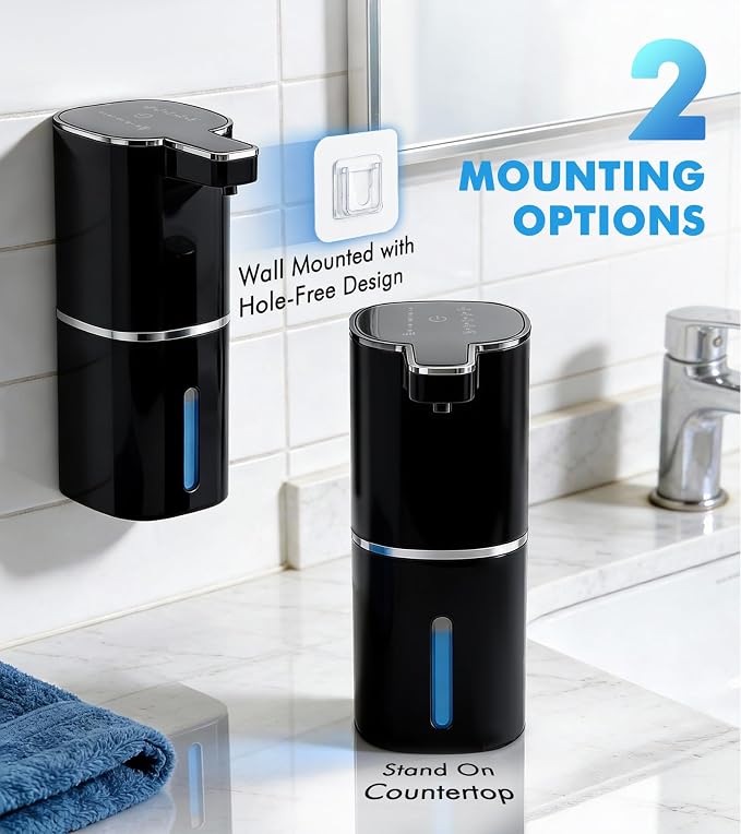 RYTOXILO Automatic Foaming Soap Dispenser Touchless, 2 Pack Black Auto Foam Soap Dispensers for Bathroom and Kitchen, 15 Fl Oz Plastic Electric Dish Foamy Dispensers Wall Mount with 1200 mAh Battery
