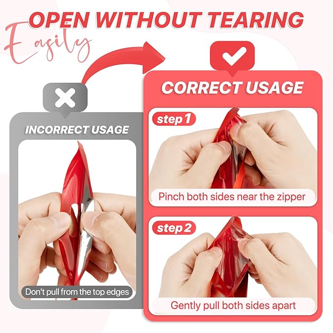 100 PCS Resealable Mylar Bags with Zipper and Frosted Clear Window Smell Proof Bags Packaging Bag Foil Pouch Zipper for Food Self Sealing Storage Supplies Xmas Treat(Red, 3.54x6.29 inch)