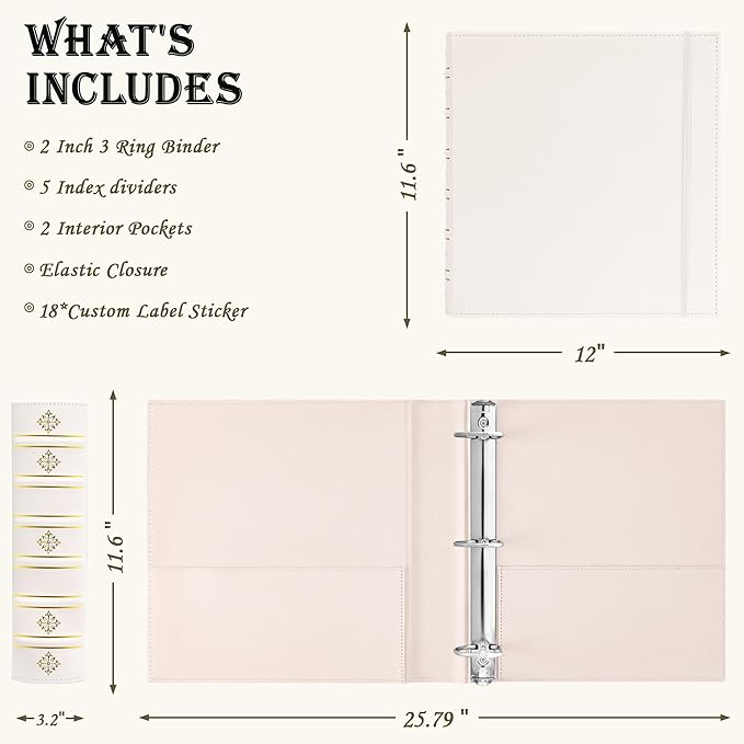 Ospelelf Leather 3 Ring Binder 2 Inch, Vintage D Ring Binder with Pockets and 5 Tab Dividers, Hardback Book Style Document Organizer Fits Letter Size for Home and Office White