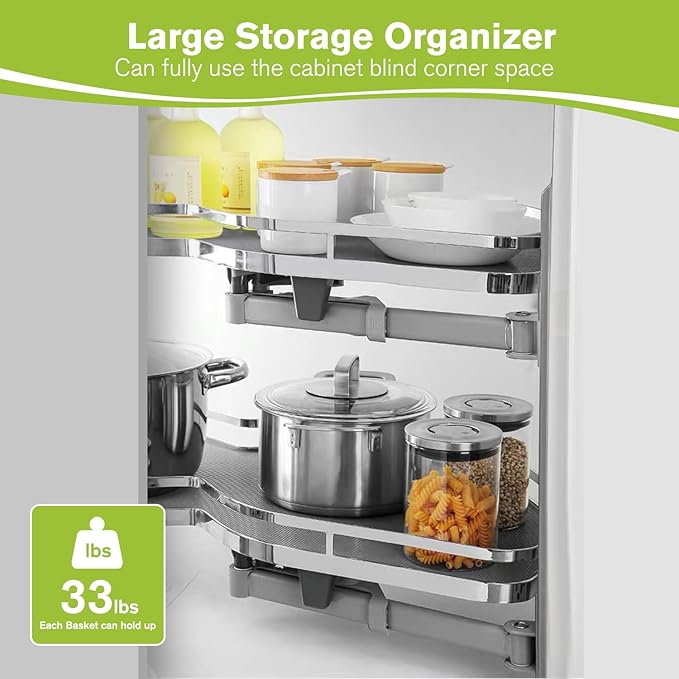 Blind Corner Cabinet Pull Out Organizer, Soft Close Swing Left Pull Out Cabinet Organizer 30inch, Corner Cabinet Lazy Susan for Cabinet Blind Shelf, 2 Tiers Tray, Adjustable Height
