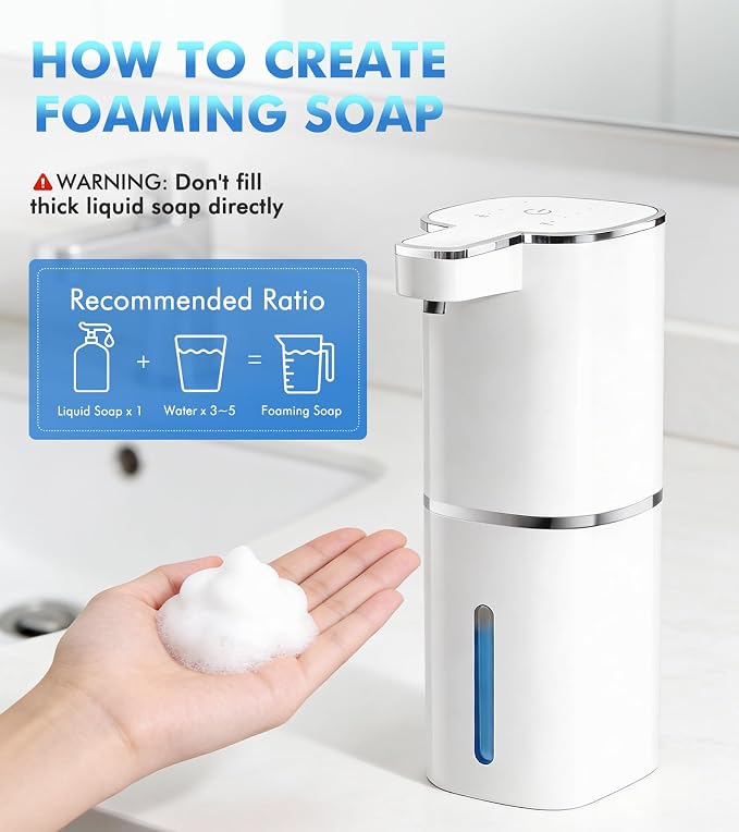RYTOXILO Automatic Foaming Soap Dispenser Touchless, 2 Pack White Auto Foam Soap Dispensers for Bathroom and Kitchen, 15 Fl Oz Plastic Electric Dish Foamy Dispensers Wall Mount with 1200 mAh Battery
