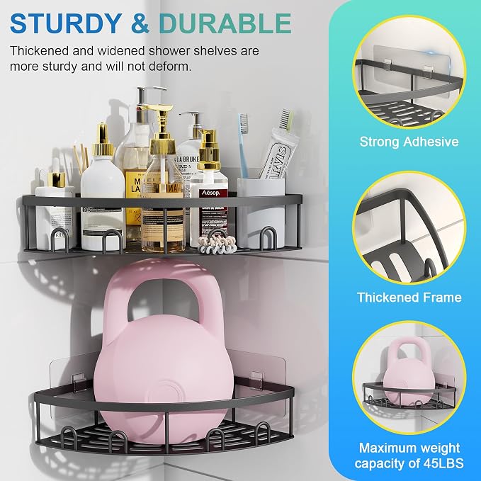 Corner Shower Caddy,Black-Stainless Steel,2 Pack | NEVER RUST Bathroom Shower Corner Shelves with Adhesive,Rustproof Shower Organizer,No Drilling