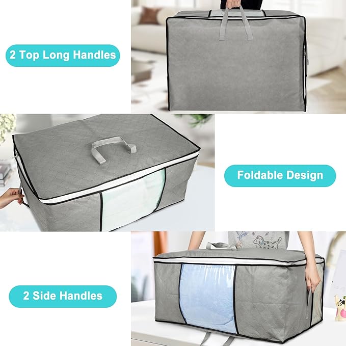 4 Pack 105L Extra Large Comforter Storage Bag, Foldable Bedding Storage Blanket Moving Bags for Clothes Pillows Sweater Dorm, Linen Closet Organizers with 4 Handles & 3 Clear Windows, Grey