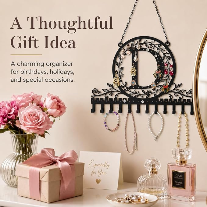 Personalized Wall Mounted Metal Initial Letter D Earring Holder Jewelry Organizer for Earrings and Necklaces Space Saving Wall Display with Hooks Jewelry Storage Bedroom Vanity Gift for Women