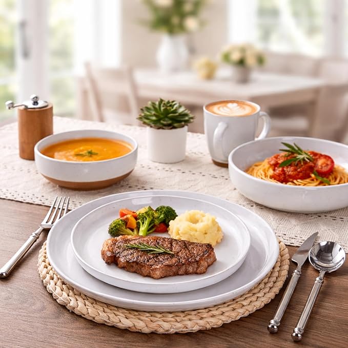 AmorArc Ceramic Dinnerware Sets with Pasta Bowls for 4, Handpainted Plates and Bowls Set with Rustic Terracotta Underside, Scratch Resistant Dishes Set, Dishwasher & Microwave Safe, 16 Pcs