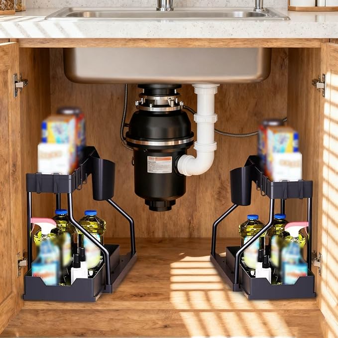 Under Sink Organizers and Storage, 2-Tier Sliding Cabinet Basket Organizer with Hooks, Multi-Purpose Under Sink Organizers and Storage for Bathroom Kitchen (Black, 2 PCS)