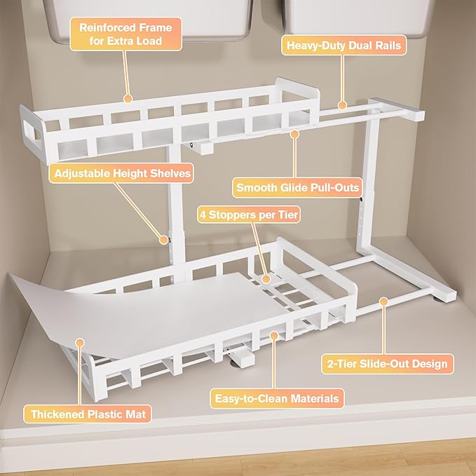 Under Sink Organizer, Metal Large Capacity 2-Tier Sliding Cabinet Storage Rack, Heavy-Duty Rust-Resistant Steel Frame, Holds 50 lbs, Adjustable Height 12–16", 14"D x 11"W for Kitchen & Bathroom, White
