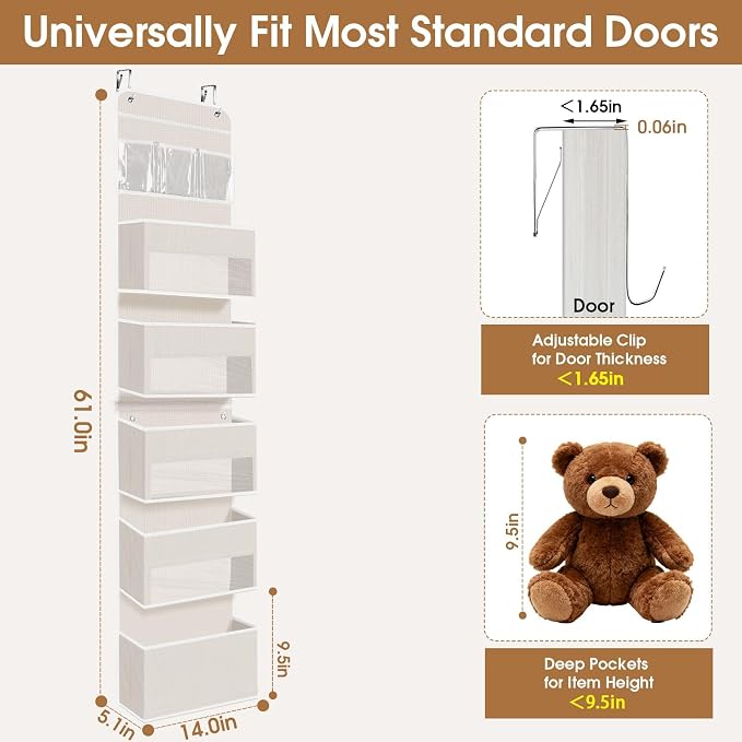 WISELIFE 6-Tier Over The Door Organizer Storage Detachable Design Door Hanging Storage Organizer with Clear Window Behind The Door Storage for Nursery Bedroom Bathroom Pantry Closet Beige