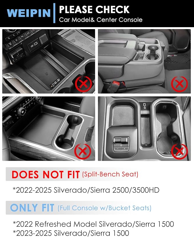 for 6PCS Refreshed Models 2022-2026 Silverado/Sierra 1500 & 2024-2026 Sierra 2500 3500 Console Liners-[3D High-Edge Liquid Silicone] Cup Holder Mats,Full Console w/Bucket Seats ONLY - Black