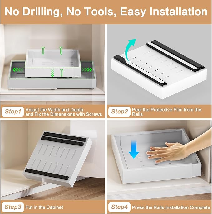 4 Pack Pull out Cabinet Organizer,Extendable (12"-20") Heavy-Duty Pull-Out Drawers (white, 21" Dx12-20 W)