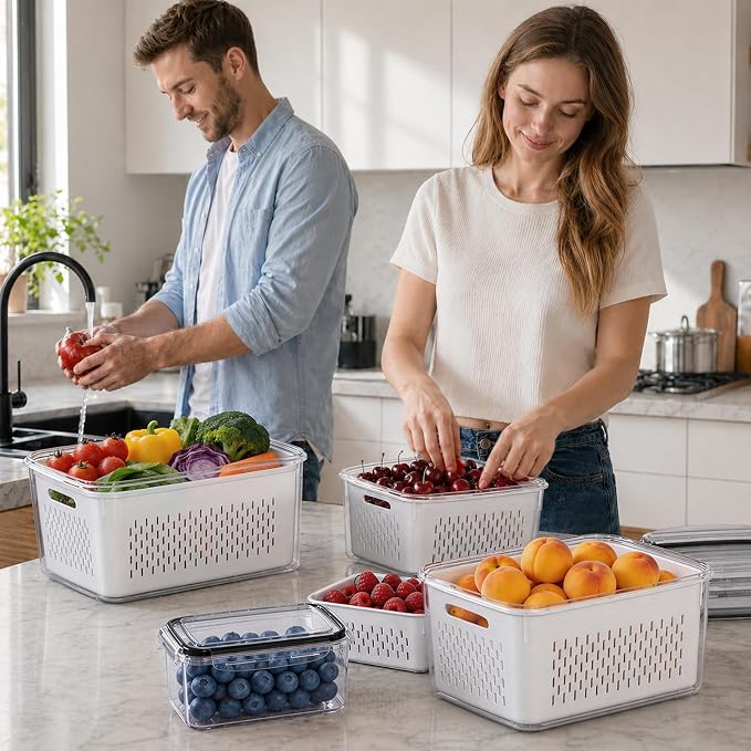 HOMETALL 4 Pack Fruit Storage Containers for Fridge Set, Produce Containers for Fridge with Strainer, Plastic Reusable Fridge Organizers and Storage for Berry Salad Lettuce, Size 3.4, 1.8, 0.9, 0.4QT