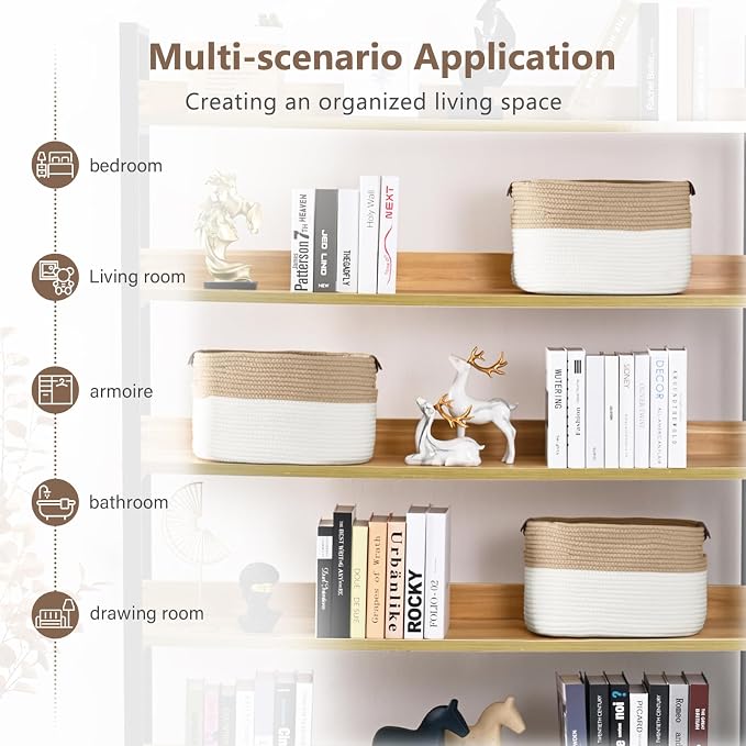 ECDYQXVU 15x10x9 Woven Cotton Rope Storage Basket, Leather Handles 2 Pack | Foldable Design, Sturdy PU Handles, Easy to Clean Organizer for Living Room, Closet, Shelves, Bedroom, Laundry, Clothes