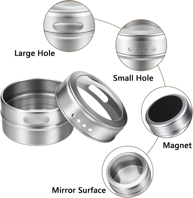 Set of 8 Magnetic Spice Tins with 2 Metal Wall-Plates, 100 Preprinted Labels, 3 oz Clear Lid Jars for Kitchen Refrigerator Storage