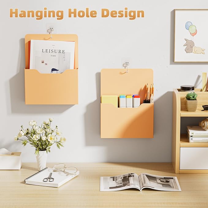 Marbrasse 2 Pack Magnetic File Holder - Paper Holder, Pocket Organizer,Hanging Wall File Organizer Office Supplies Storage, Magazine Mail Organizer Case for Notebooks,Planners,Letter (Orange)