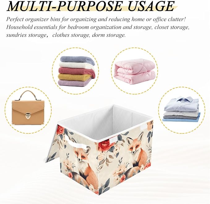 Flower-like Fox Lidded Storage Bins with Handles - 16.5"x12.6"x11.8" Foldable Organizing Box, Oxford Fabric & Honeycomb Board, Dust-Proof Flip Lid for Closet/Office