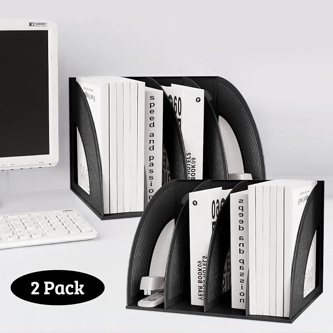 Marte Vanci 2 Pcs Magazine File Holder Book Desktop Organizer Plastic Storage Sturdy Vertical 3 Section Folder (Black)
