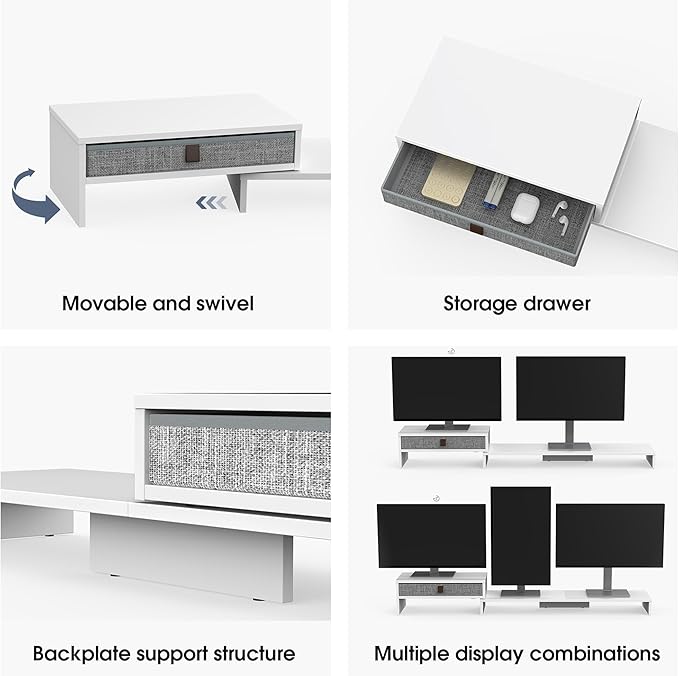 Fenge Triple Monitor Stand with Srorage Drawer, Adjustable Length and Angle | Computer Monitor Riser for 2 or 3 Monitors, Wooden Desktop Laptop Stand, Office Organizer for PC, Screen, Tablet, White