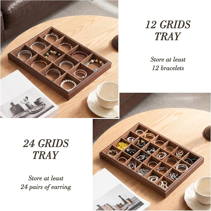 Wood Jewelry Organizer Tray, 5-Piece Set (Brown, 5Pc) | 5 Piece Jewelry Organizer Set, Large Capacity Storage, Glass Top Ring Necklace Display, Versatile Tray