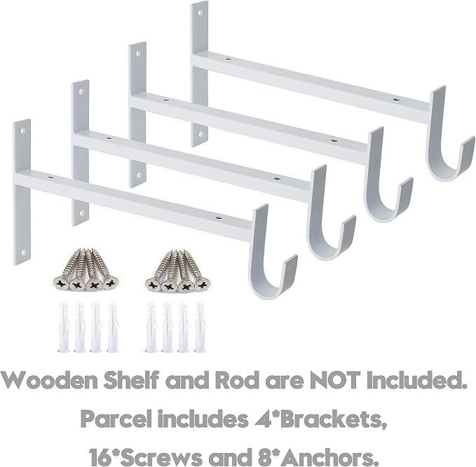 AddGrace Closet Rod Bracket Heavy Duty Shelf Brackets White 12 Inch 4 Pack | Fit for Closet Wardrobe Laundry Room and Kitchen, with Hook, Store Above and Hang Below, Supports 66 lbs, Easy to Install