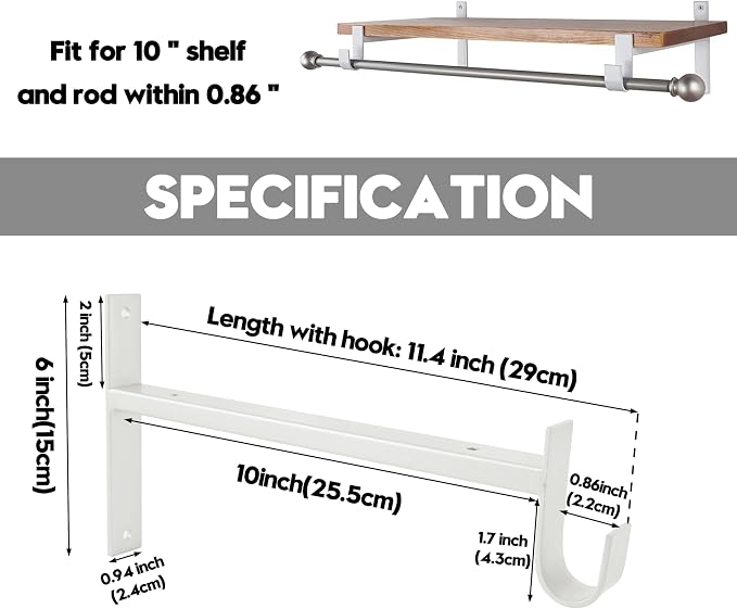 AddGrace Closet Rod Bracket Heavy Duty Shelf Brackets White 10 Inch 4 Pack | Fit for Closet Wardrobe Laundry Room and Kitchen, with Hook, Store Above and Hang Below, Supports 66 lbs, Easy to Install