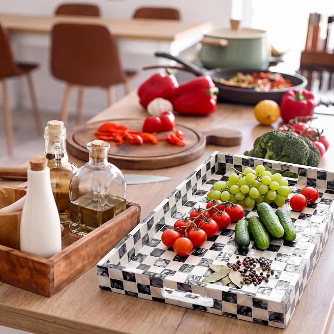 Reallnaive Mother of Pearl Lazy Susan for Table Turntable Organizer Marble Patterned Lazy Susan Wood Spinning Tray Rotating for Kitchen Cabinet Spice Pantry 12 Inch(Square,Black White Checkerboard)