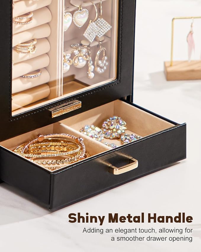 Homde Display Jewelry Box for Girls: Starter Organizer with Clear Window | Vertical Drawers for Earrings Rings Necklaces - Compact Footprint Fits Small Vanities - Birthday&Graduation Gift for Teens