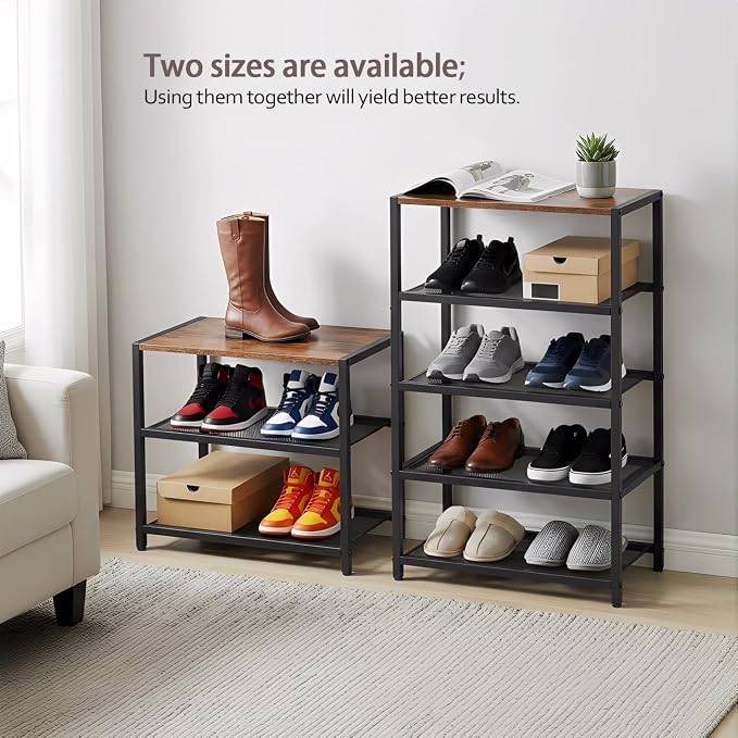 Tall Narrow Shoe Rack for Entryway Closet,5-Tier Shoe Storage Shelf | Small Vertical Shoe Organizer Wood, Sturdy Metal Mesh Shelves, Wooden Table Top, Holds 10 Pairs, for Front Door Entrance