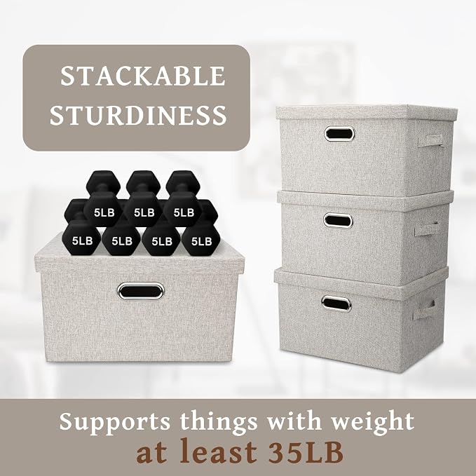 Graciadeco Medium 15" 21 Quart Collapsible Stackable Storage Bins with Lids, 1 Pack Beige Foldable Fabric Closet Storage Boxes with Lids, Heavy-duty Linen Baskets for Bedroom