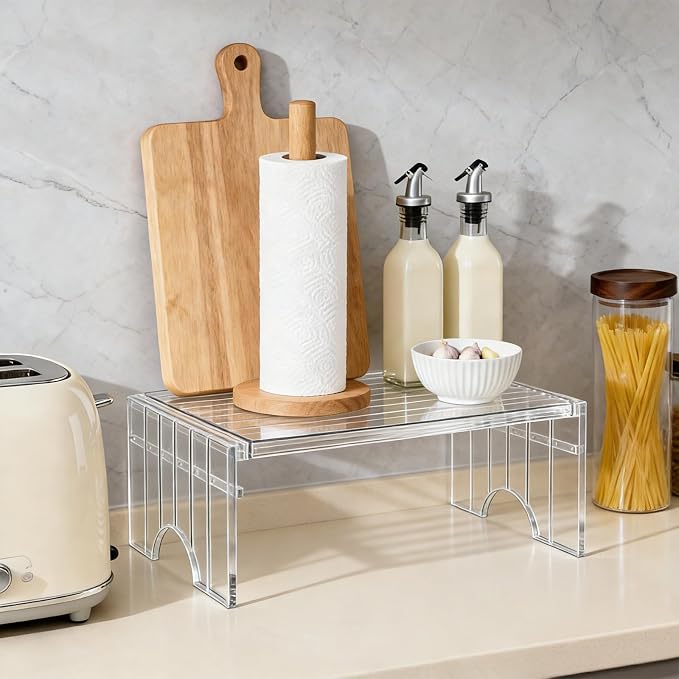 11.8-15.8in Expandable Freezer Shelf, 2 Heights Adjustable Refrigerator Organizer, Acrylic Shelf Riser Kitchen Cabinet Rack for Pantry, Cupboard, Countertop, Office