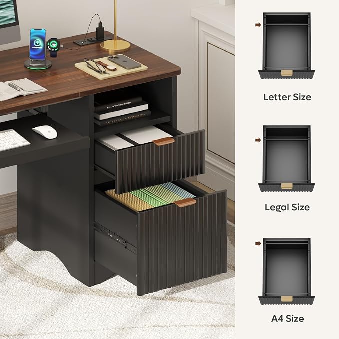 Bestier Computer Desk with Keyboard Tray, 55 inch Office Desk with Power Outlet, Modern Home Office Desk with File Drawer (Walnut with Black, 55" W with Single-Sided Drawers)