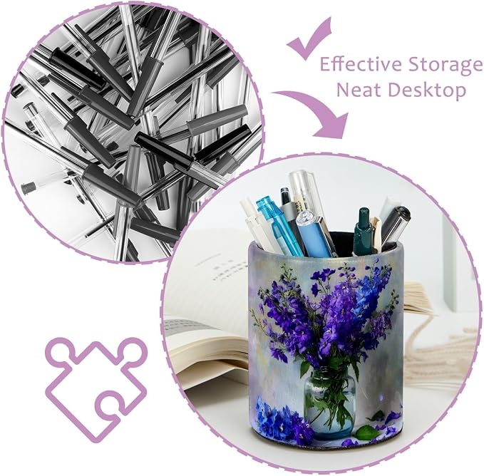 Purple Flower Arrangement Pen Holder Pencil Organizer for Desk, 3.1” x 3.1” x 3.9” Pencil Cup Office Supplies, Large Capacity Cute Pen and Makeup Brush Holder for Home, School, Desktop