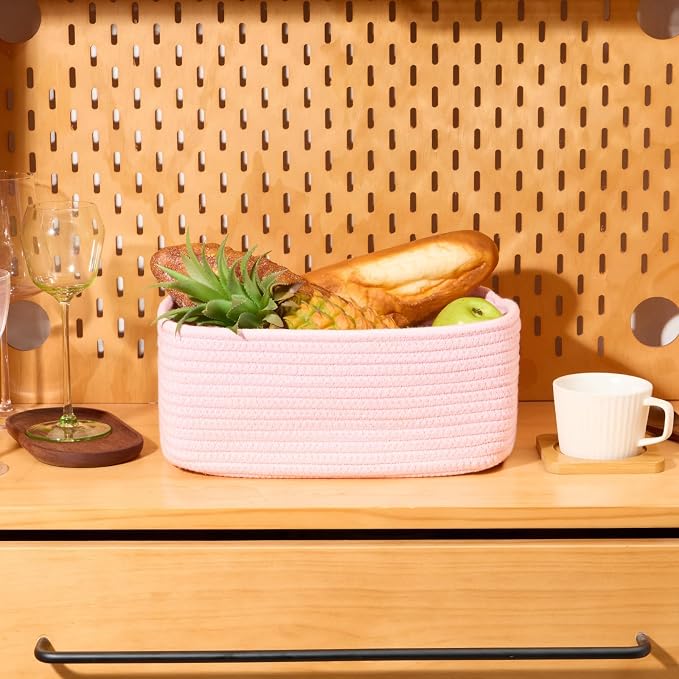 MiniArk Small Storage Baskets for Organizing | Closet Organizer Bins | Shelf Toy Basket | Woven Rope Baskets | Cube Decorative Box | Shallow Basket | 13x8.5x5.1” | 3 Packs Light Pink