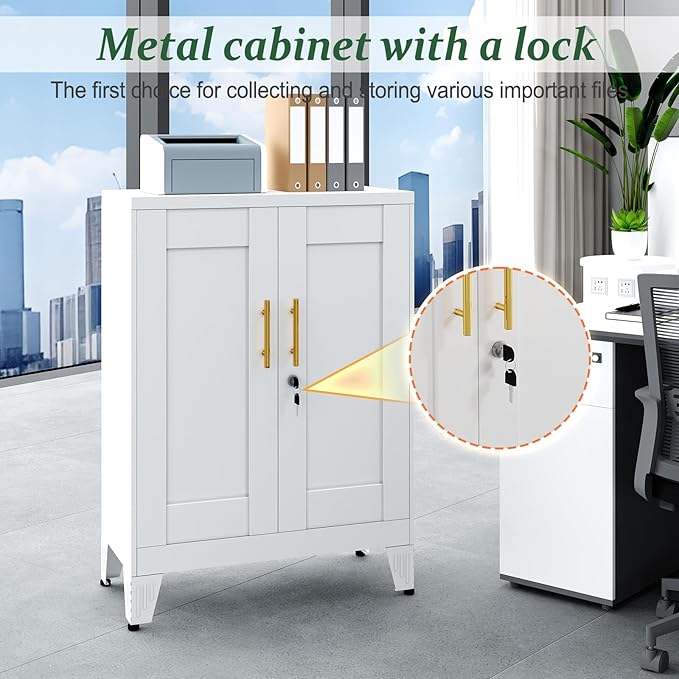 White Metal Storage Cabinet, 36" Tall Locking Storage Cabinet with 2 Adjustable Shelves, Steel Locker Organizer, for Office, Home, School, 11.81" D x 23.62" W x 35.83" H