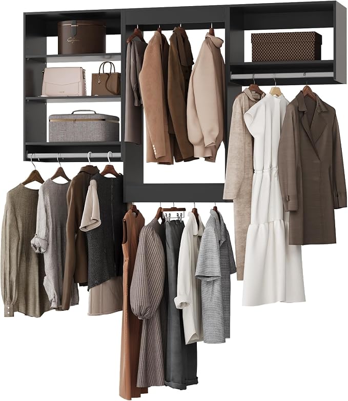ROOMTEC Modular Closet System, 90" Closet Organizer with Hanging Rods, Wall-Mounted Wooden Tower for Walk-In Closets, Wardrobe Storage Kit, Black
