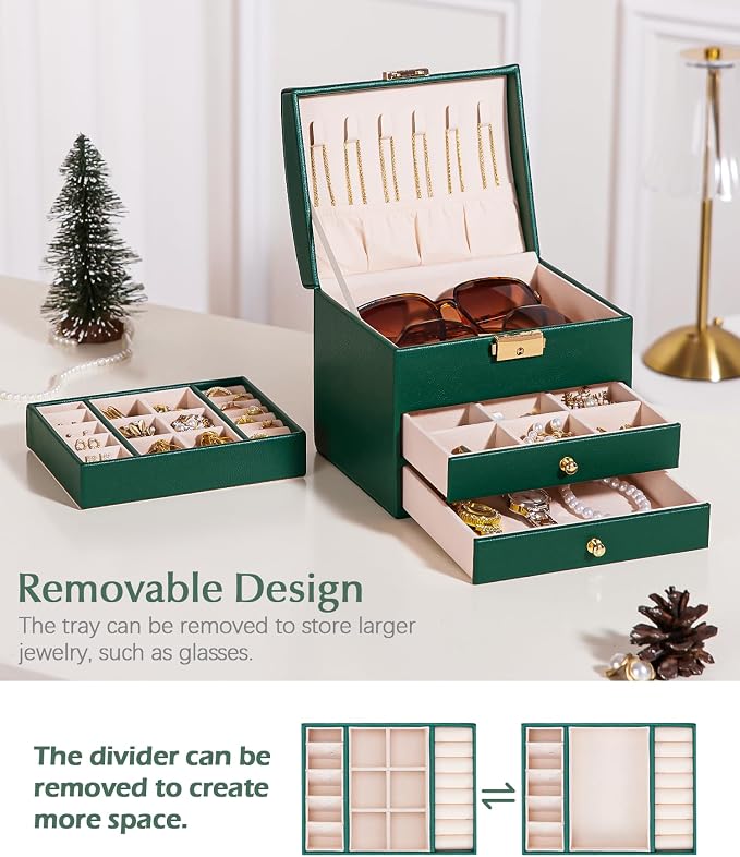 Homde Small Jewelry Box for Girls: 3-Layer Lockable Organizer (Green) | Removable Tray&Dividers for Flexible Storage - Sort Earrings&Rings&Necklaces for Beginners - Birthday Gift for Teens
