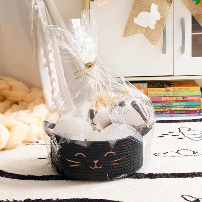 Small Storage Basket, Black Cute Pet Toy Storage for Cats, Dogs, Decorative Rope Bin for Organizing, Empty Gift Basket for Baby, Black, 9.8 x 4 inches