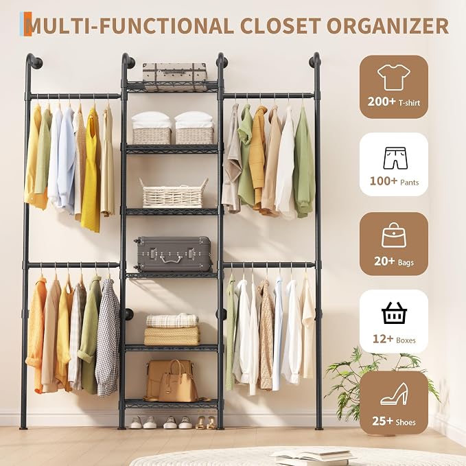 Garvee L3 Wall Mounted Pipe Closet System, Matte Black | Carbon Steel, Expandable Rods 23.62-35.43 in, 6 Wire Shelves, Closet Storage