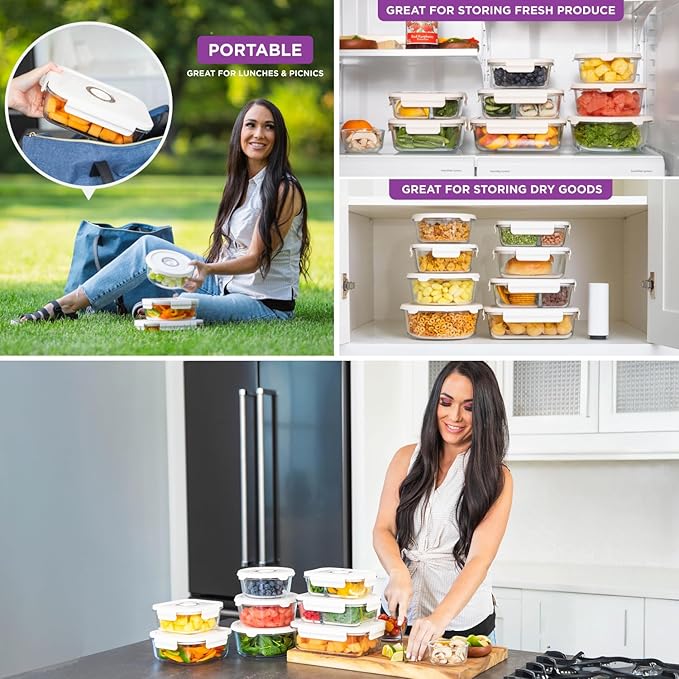 HOLDN’ STORAGE Vacuum Food Storage Containers, Set of 4 Compartment Containers & Electronic Pump - Keep Food Fresh Longer, BPA-Free Glass, Leak-Proof, Ideal for Meal Prep, Marinating