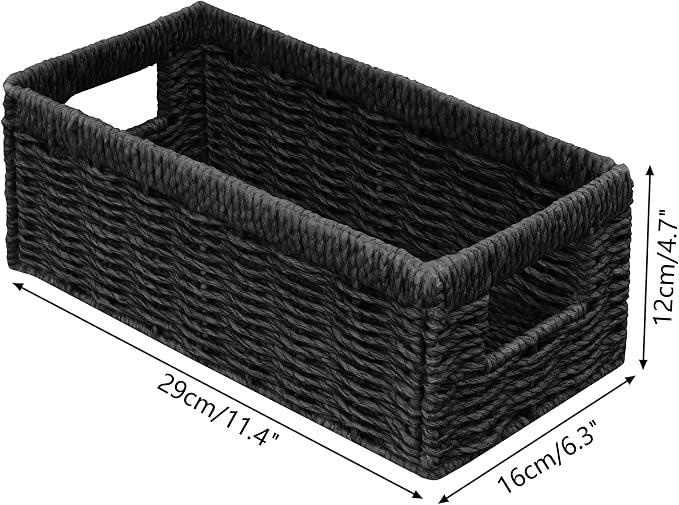 Vagusicc Wicker Storage Basket, Set of 2 Hand Woven Wicker Baskets for Organizing with Handles, Decorative Small Storage Bins for Countertop Toilet Paper Basket for Toilet Tank Top, Shelves, Black