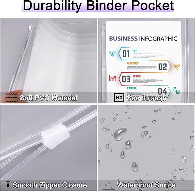 Antner 18 Pack Clear Letter Size Binder Pockets 3 Ring Binder Zipper Pouch Document Organizer, Waterproof PVC 3-Hole Loose Leaf File Bags Insert Sleeves Page Sheet Protectors Business Office Supplies