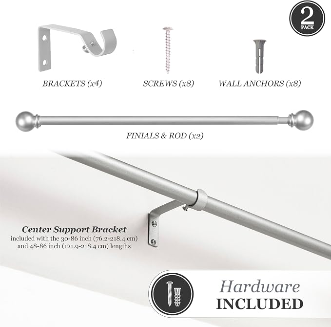 Kenney Chelsea Ball End Window Curtain Rod, Adjustable Curtain Rod for Windows 28 to 48 Inches, Extendable Curtain Rod Set, Brushed Nickel Silver Curtain Rod, Curtain Rods 2 Pack