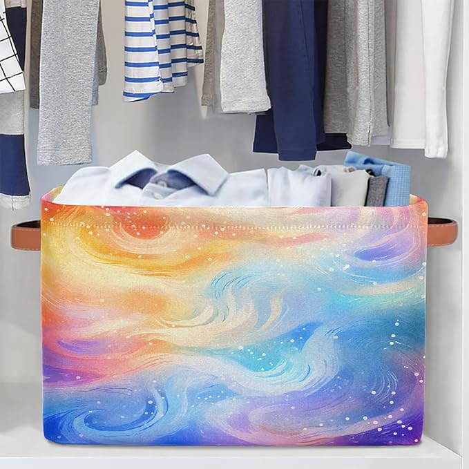 Rectangular Storage Bins Abstract Rainbow Glitter Collapsible Fabric Storage Basket Organizer with Handles for Nursery Bedroom Bathroom