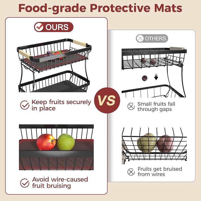 Sevenblue 2-Tier Fruit Basket with Banana Hangers, Detachable Metal Bowl | Wooden handle, protective mats included. Versatile holder for bread, snacks, and veggies. Extra Large 2 tier metal design.