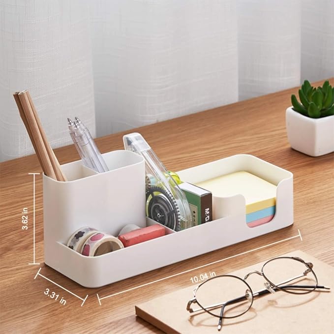 Pen Holder Desk Organizer White HIPS Plastic Sticky Note Storage | HIPS plastic desk organizer. 3-in-1: pen holder, sticky note storage, center tray. Compact 10-inch design. Easy clean. White.
