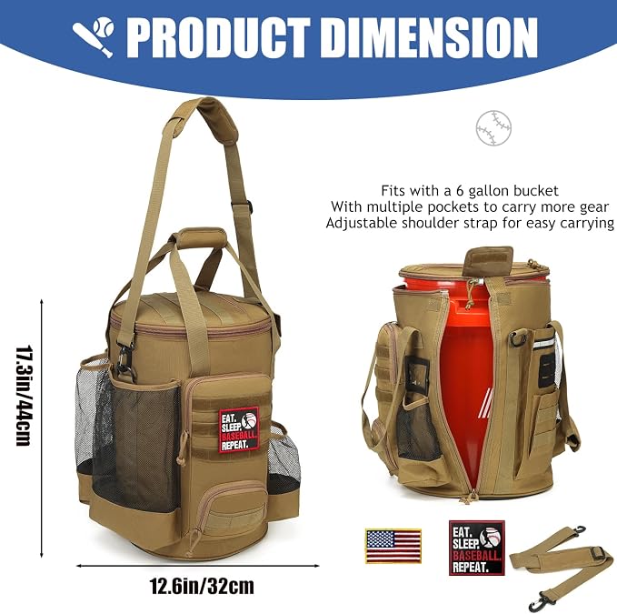Baseball Bucket Bag 6 Gallon Multi Pockets Softball Coaching Equipment Bag | tactical Baseball Bucket Cover Organizer with padded Seat for Balls, Bat, Gloves, Scoreboards